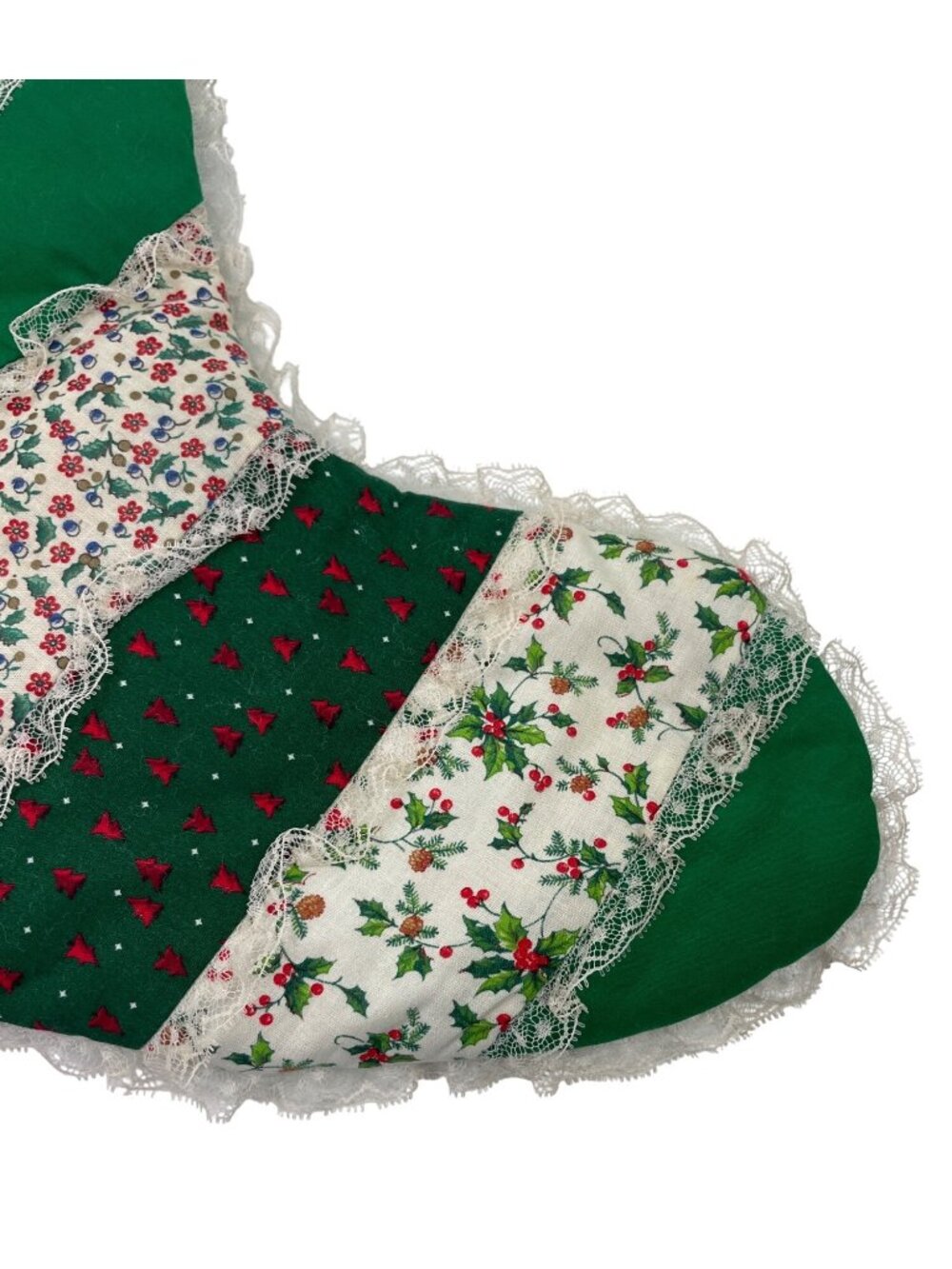 Handmade Vintage Christmas Stocking Green Patchwork Lace Trimmed - Picture 5 of 8